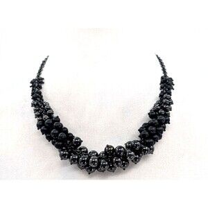 Lia Sophia Black Knock Out Cluster Beaded Matte Shiny Statement Necklace